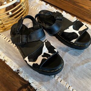 Doc Marten Voss Hair Black and White Cow Print Sandals, women’s 8, GUC, leather